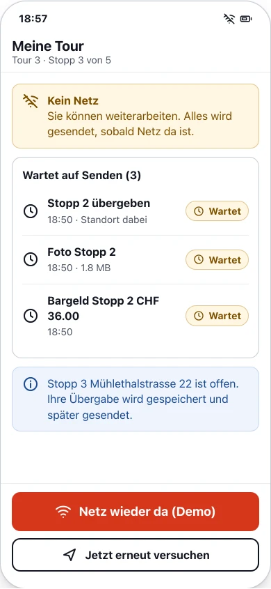 Kurier-App: Kein Netz, drei Einträge warten auf Senden