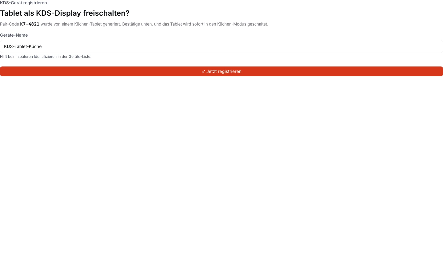 Inhaber-Panel: Tablet als KDS-Display freischalten mit Pair-Code
